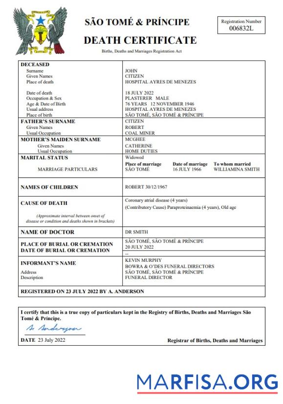 Realistic Sao Tome and Principe vital record death certificate Word and PDF template